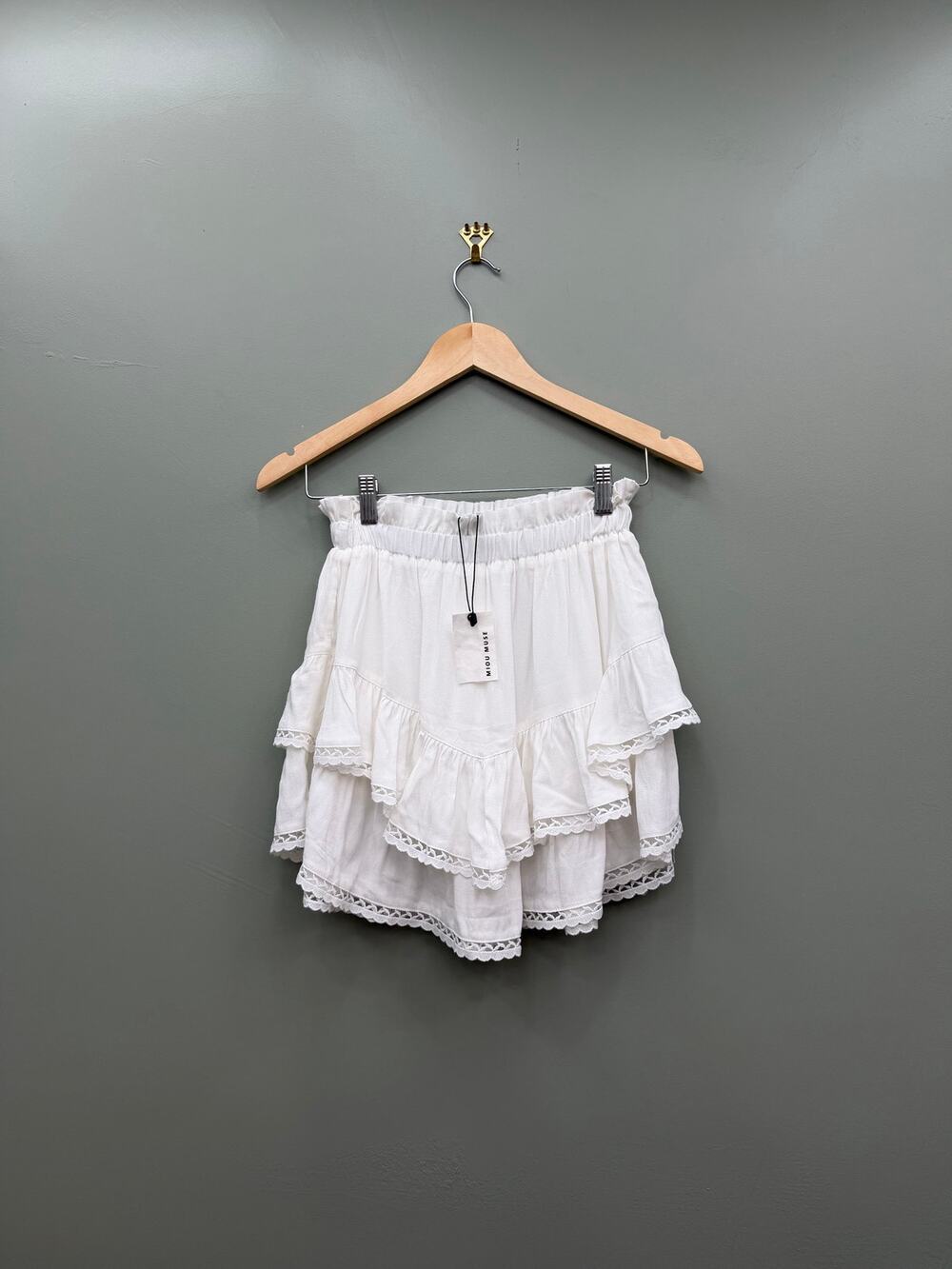 Miou Muse White Tiered Ruffle Mini Skirt Cottagecore Boho Size S NWT